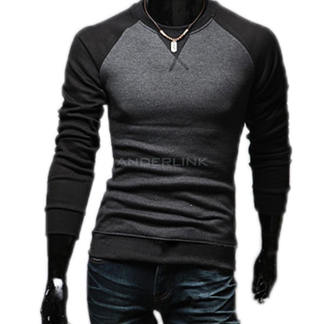 New Fashion Men's Round Neck Long Sleeved Color Stitching T-shirt Slim T-shirt 3 Colors