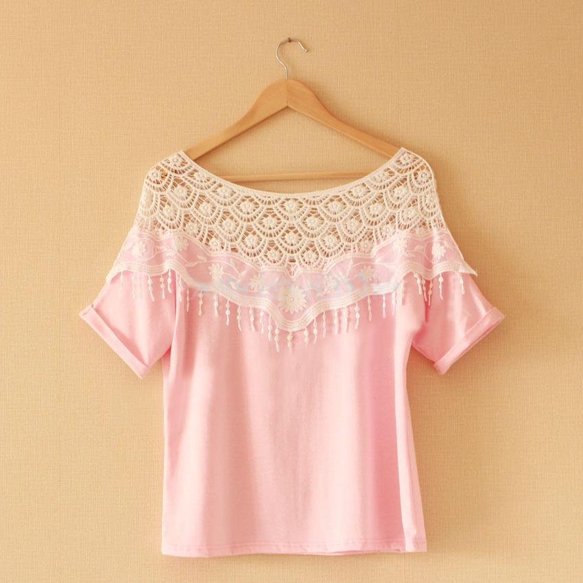 unknown Sweet Lace Cutout Shirt Women Handmade Crochet Cape Collar Batwing Sleeve Blouse Medium-long T-shirt