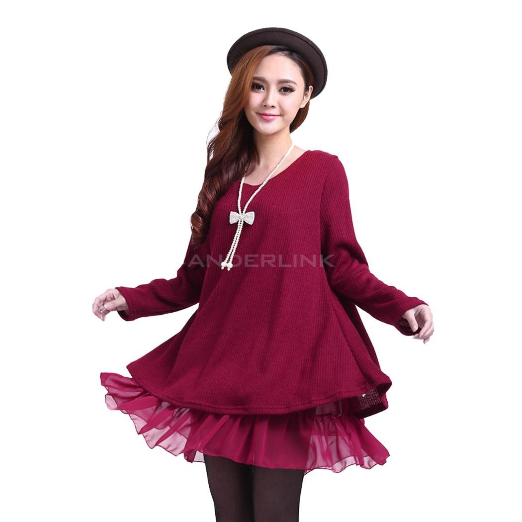 unknown Ladies Pregnant Long Sleeve Knit Wool Bowknot Tops Mini Loose dress 3 Colors