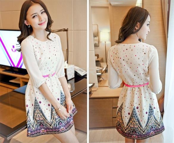 unknown Fashion Women's Ladies Chiffon 3/4 Sleeve Printed Slim A-line mini Dress