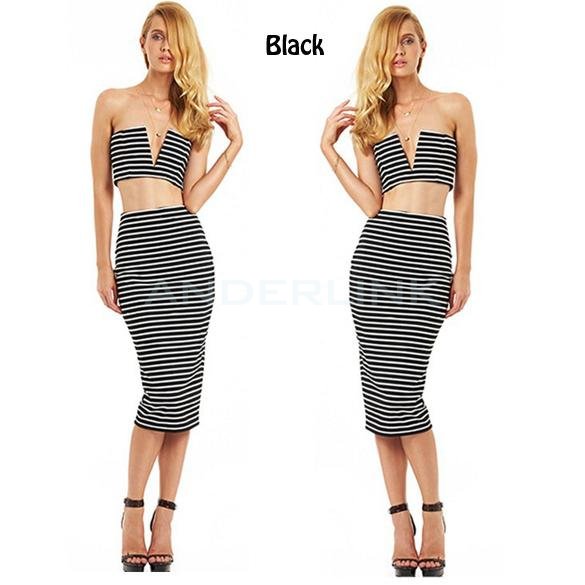 unknown Women 2-pieces Clubwear Deep V Collar Stripe High Waist Skirt Bandage Bodycon Dress