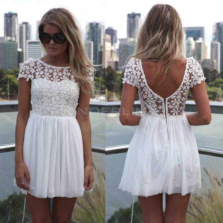 unknown Women Summer Short Sleeve Lace Chiffon Patchwork Dress Casual Floral Pleated Chiffon Dress