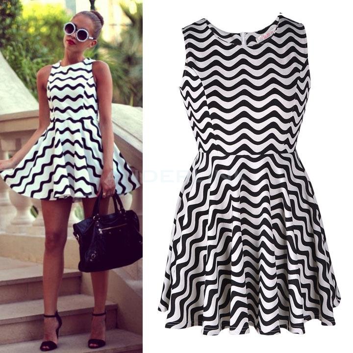 unknown New Fashion Black and White Stripe Dress Women's Dress Sleeveless Dress