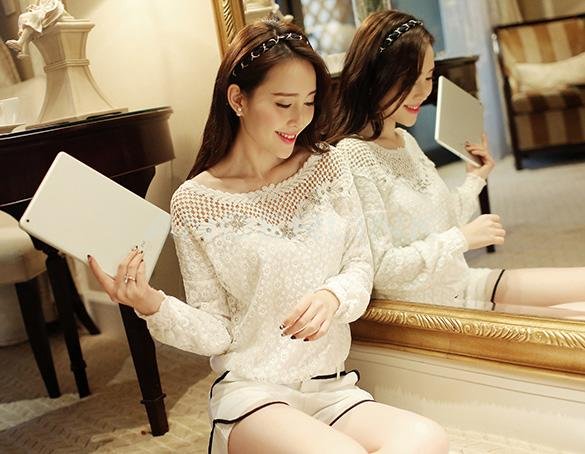 unknown New Lace Shirt Top Fashion Print Long Sleeve Shirt Blouse