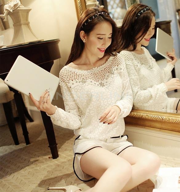 unknown New Lace Shirt Top Fashion Print Long Sleeve Shirt Blouse