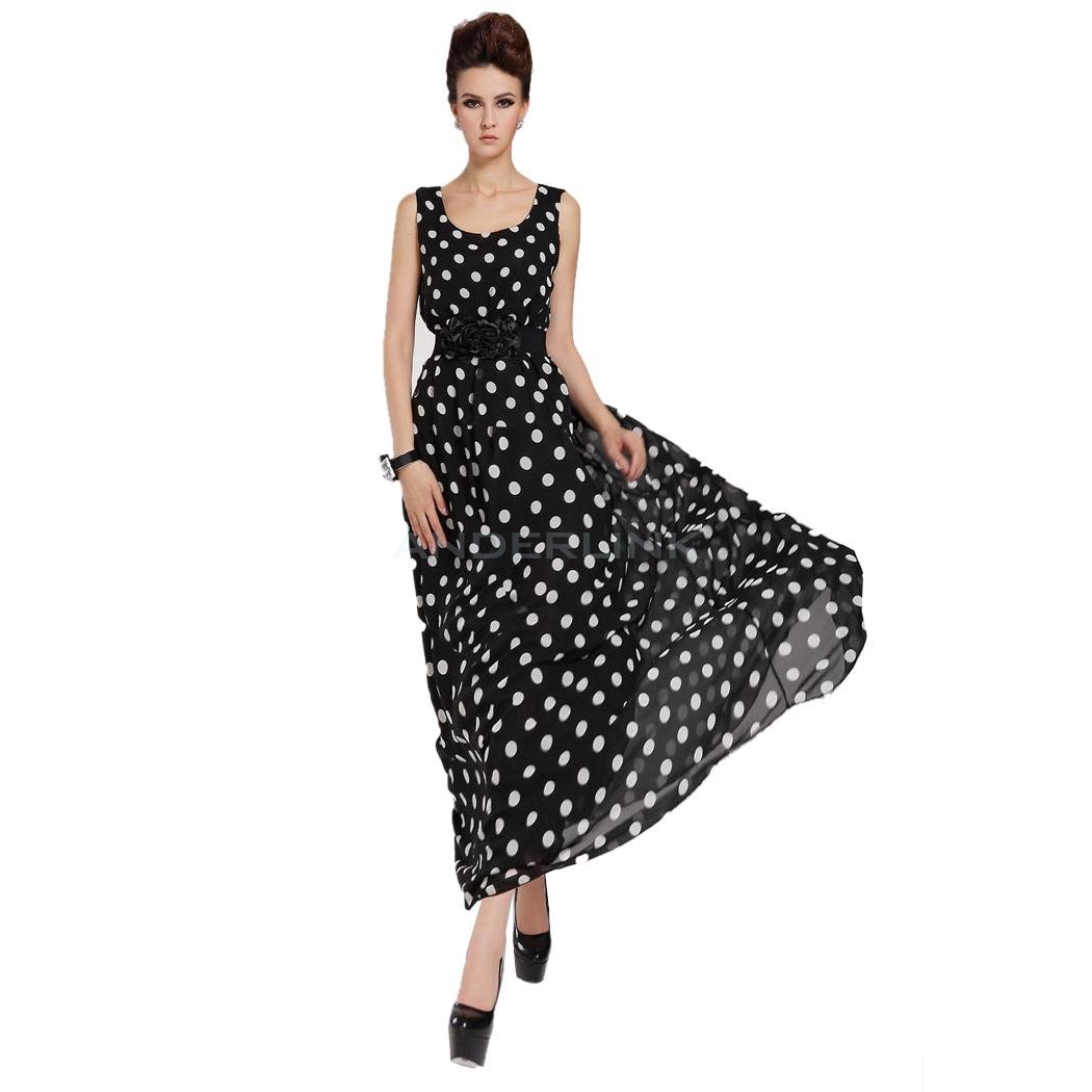 unknown Women's Maxi chiffon Vintage Style Dot Sleeveless Long Ball Party Evening Dress with Belt
