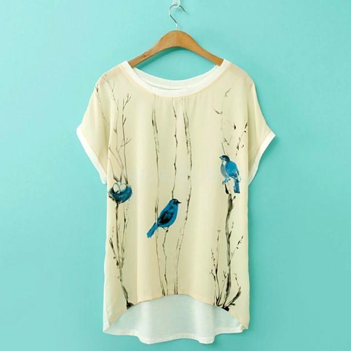 unknown Europe New Fashion Women Spring & Summer Loose T-shirt Bird Blue Print Batwing Sleeve Joint Tees Tops