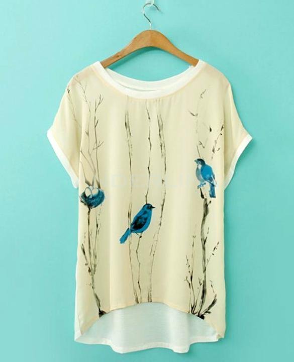 unknown Europe New Fashion Women Spring & Summer Loose T-shirt Bird Blue Print Batwing Sleeve Joint Tees Tops