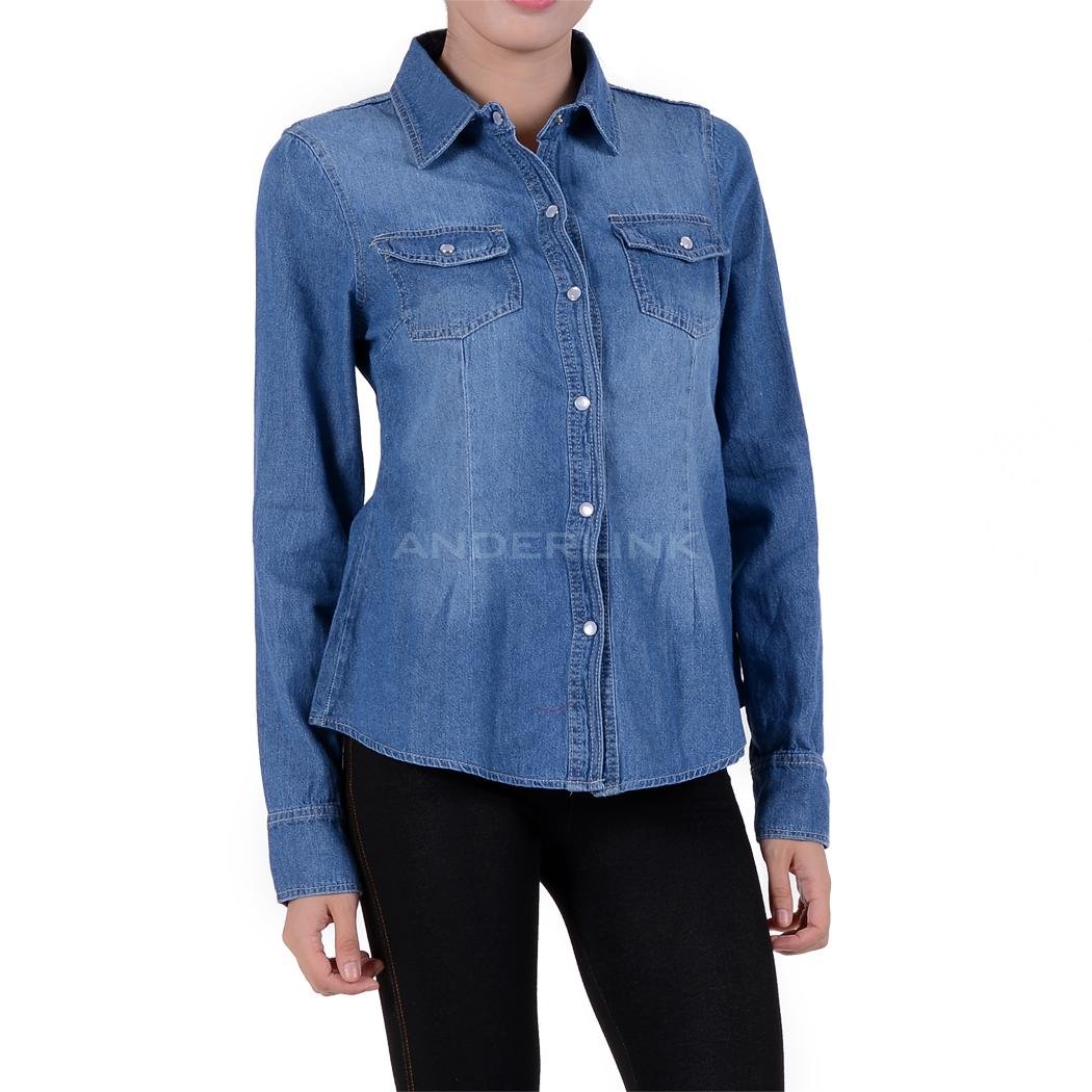 unknown Women's Fitted Long Sleeve Jeans Denim Shirt Blouse