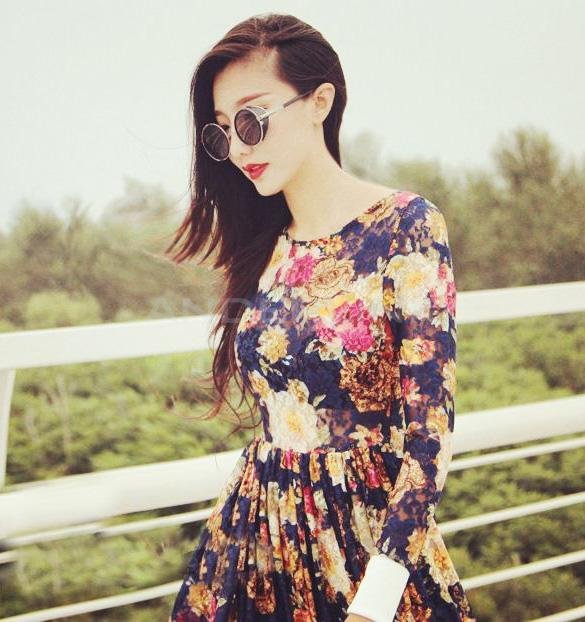 unknown New Women's Sexy Style Flower Print Long Sleeve Maxi Ladies Party Evening Dress