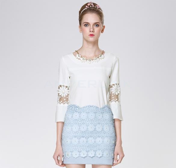 unknown New Casual White Women's Top Hollow Lace Sleeve Flower Chiffon Blouse Ladies Shirt