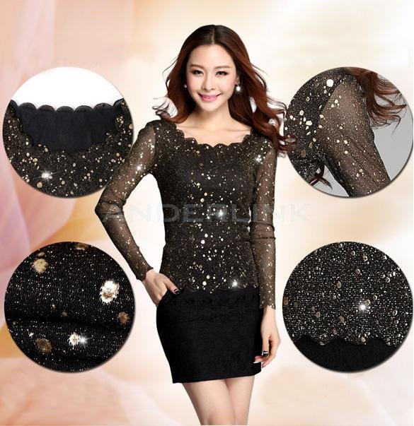 unknown Women Lace Blouses Gauze Make Unlined Upper Garment Long Sleeve Blouse