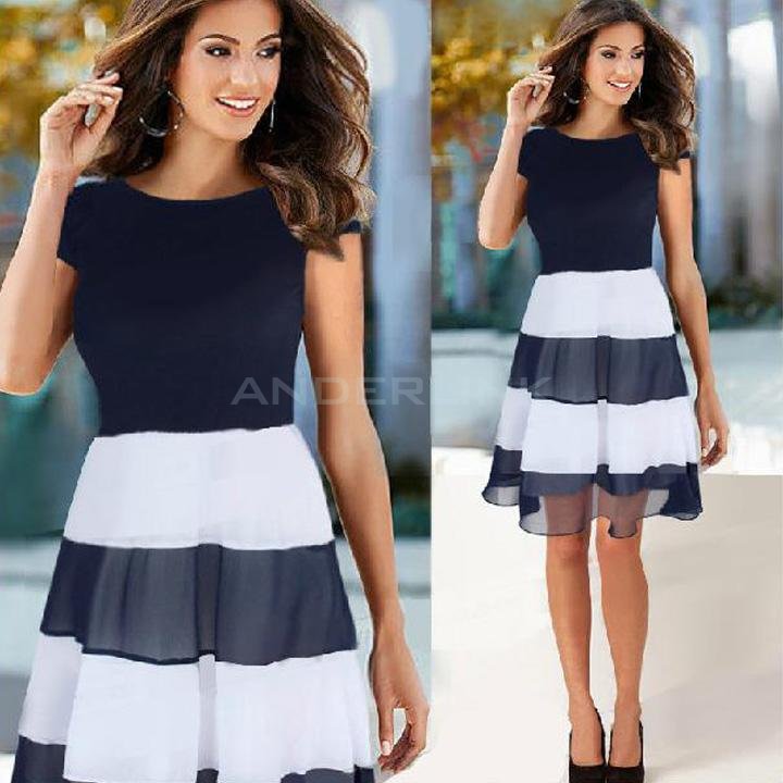 Women's Summer Mesh Chiffon Striped Cocktail Joint Stripe Dress