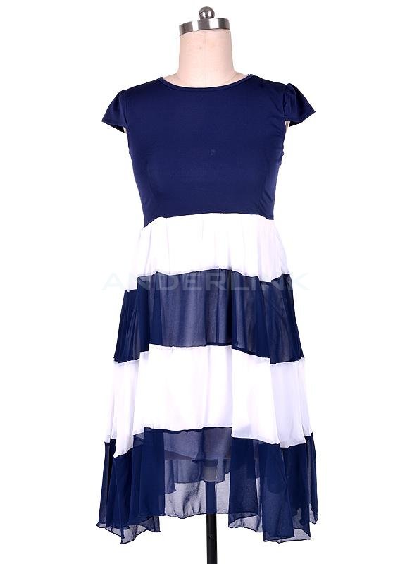 Women's Summer Mesh Chiffon Striped Cocktail Joint Stripe Dress