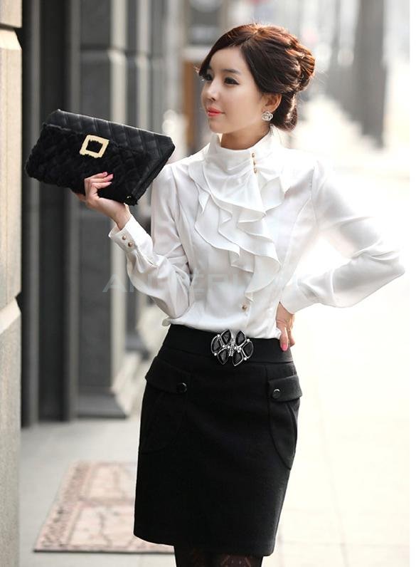 Women OL Shirts Dress Flouncing Shirt Tops Long Sleeve Blouse For Office Lady