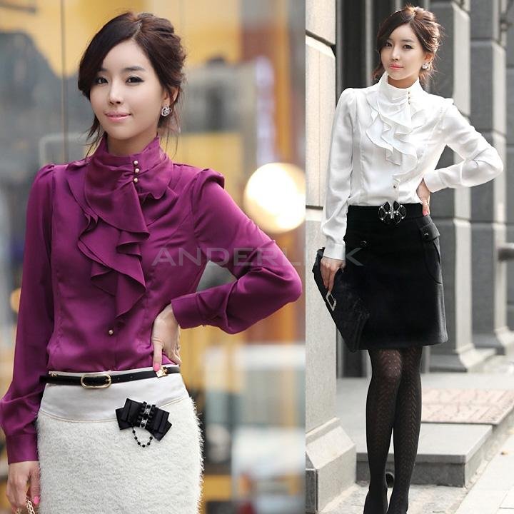 Women OL Shirts Dress Flouncing Shirt Tops Long Sleeve Blouse For Office Lady