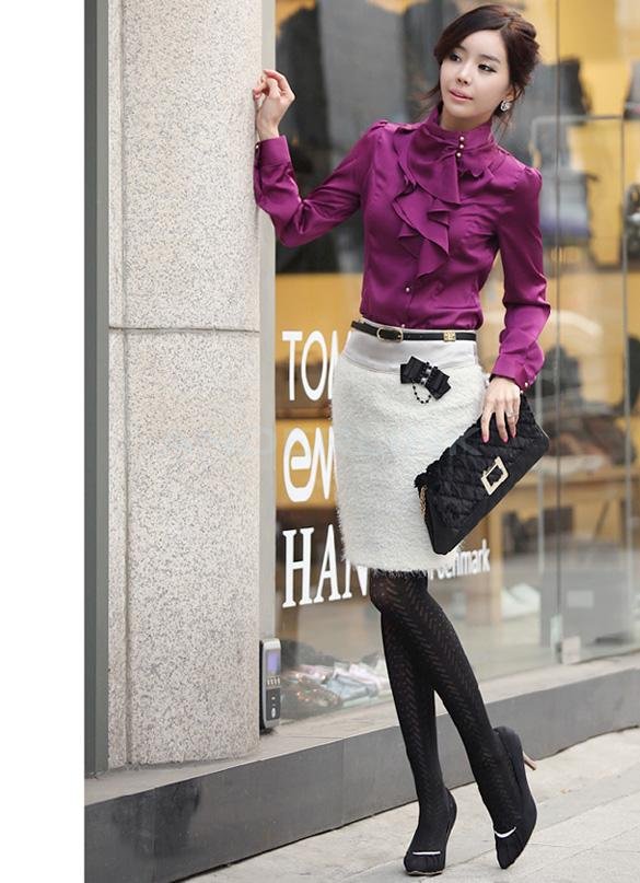 Women OL Shirts Dress Flouncing Shirt Tops Long Sleeve Blouse For Office Lady