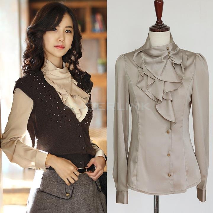 Women OL Shirts Dress Flouncing Shirt Tops Long Sleeve Blouse For Office Lady