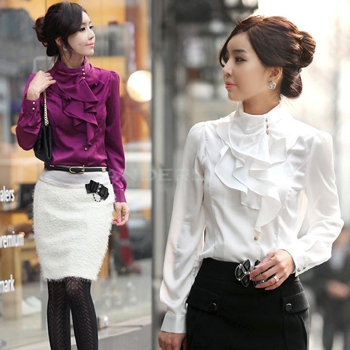 Women OL Shirts Dress Flouncing Shirt Tops Long Sleeve Blouse For Office Lady