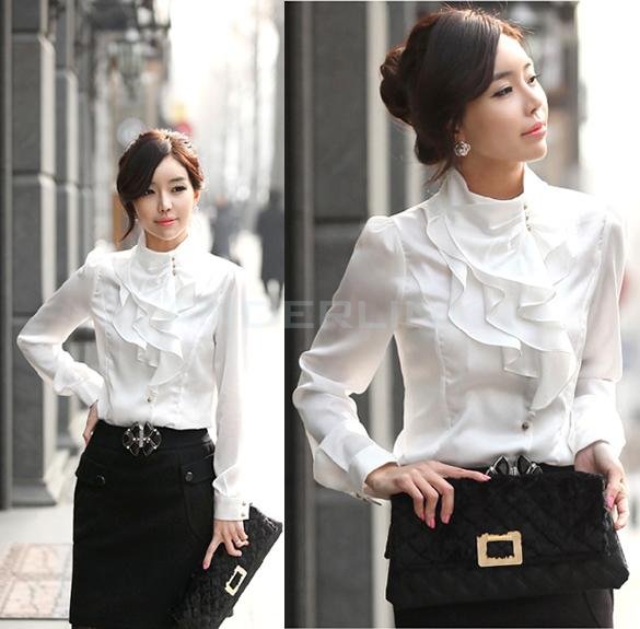 Women OL Shirts Dress Flouncing Shirt Tops Long Sleeve Blouse For Office Lady
