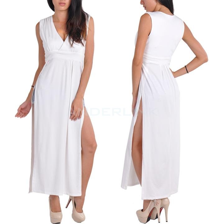 unknown Ladies Sleeveless V Collar Deep Cleavage Maxi Dress Two High Split Skirt Plus Size