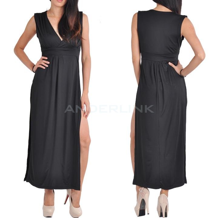 unknown Ladies Sleeveless V Collar Deep Cleavage Maxi Dress Two High Split Skirt Plus Size