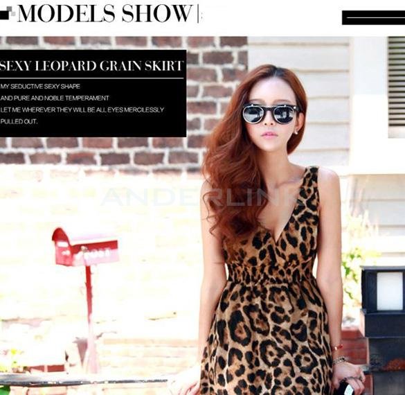 unknown Women Vintage V-neck Sexy Leopard Chiffon Long Maxi Evening Cocktail Party Dress