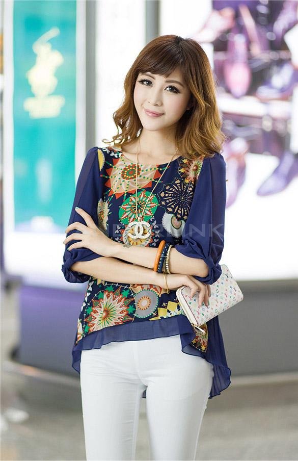 unknown Summer Women Half Sleeve Blouse Back Pleats Retro Print Chiffon Shirt Tops Blouse