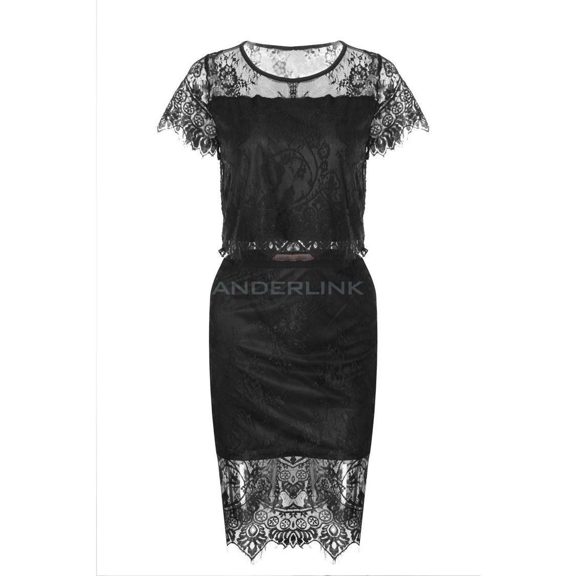 unknown New Women's Lace Black White Ladies Tops + Skirt 2 Piece Set Party Evening Dress