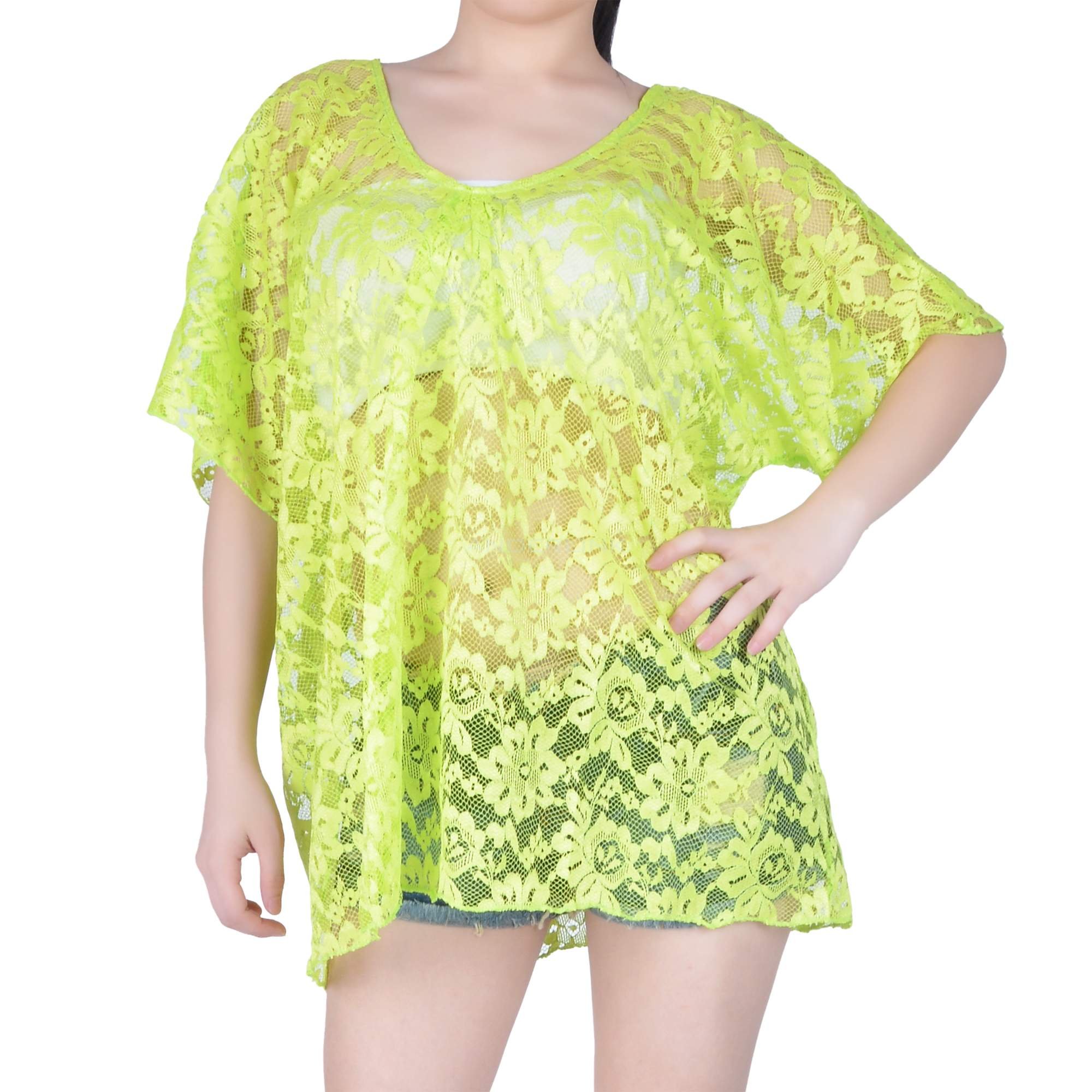 unknown New Women Summer Green Sexy Lace Floral Short Sleeve Swimwear Bikini Cover Up Beach Dress