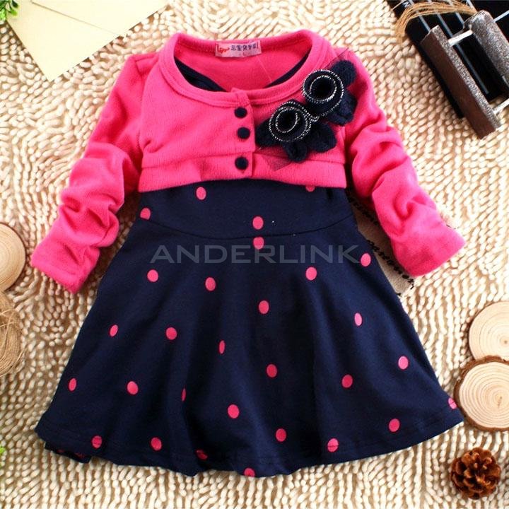 unknown New 1-6 Years Children Clothes Corsage Girl Dresses Baby Princess Flower Long Sleeve Polka Dots Mini Dress