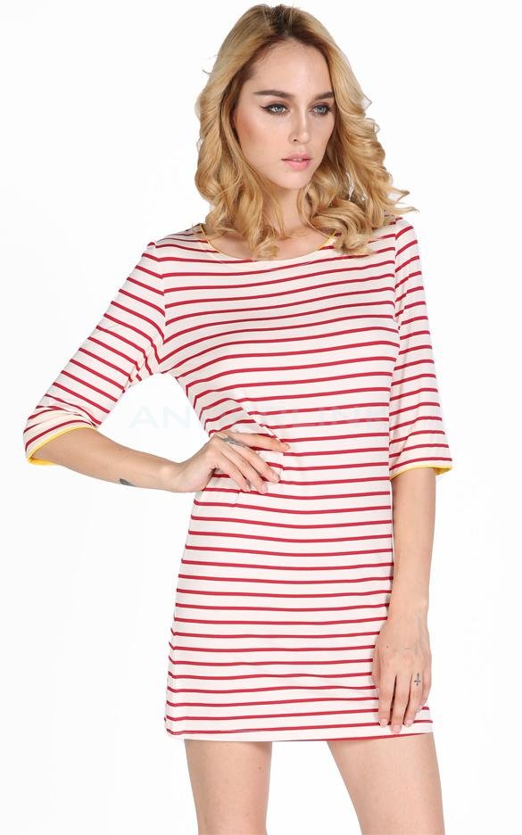 unknown Women Girl Casual Striped Half Sleeve Over Hip Slim One-piece Dress