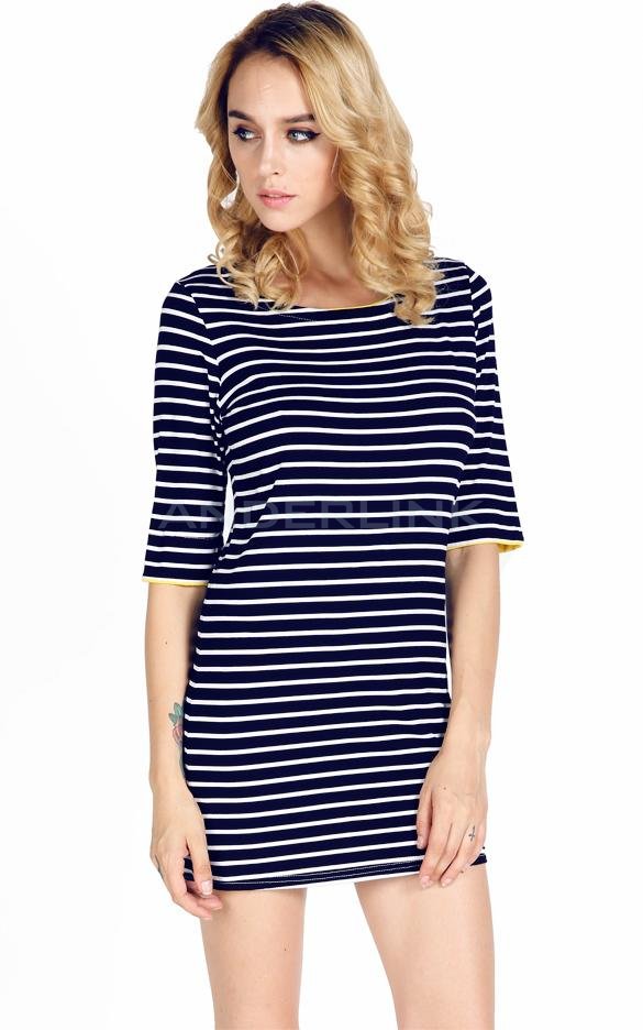 unknown Women Girl Casual Striped Half Sleeve Over Hip Slim One-piece Dress