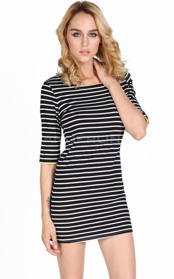 unknown Women Girl Casual Striped Half Sleeve Over Hip Slim One-piece Dress