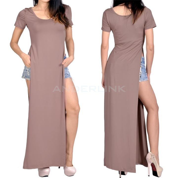 unknown Womens Round Neck Celebrity Casual Side Slits Long Top Maxi Dress M L