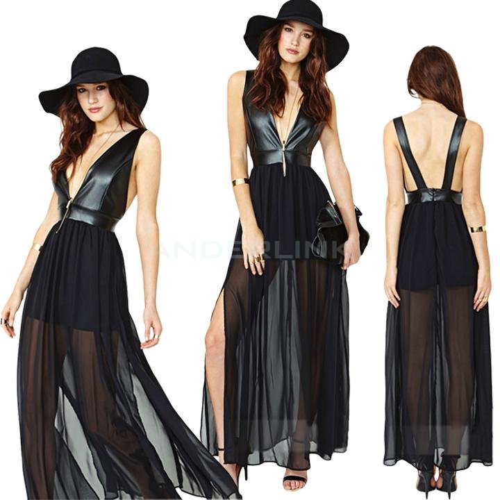 unknown Sexy Sheer Deep-V Backless High Waist Artificial Leather Spliced Chiffon Dress