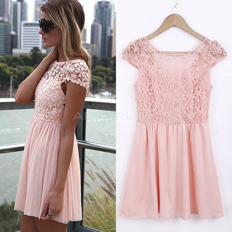 unknown New Women's High Quality Lace Splicing Short Sleeve Ladies Party Evening  Dress