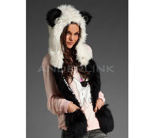 Winter Hat Cap Animal Artificial Fur One Piece Cap Scarf