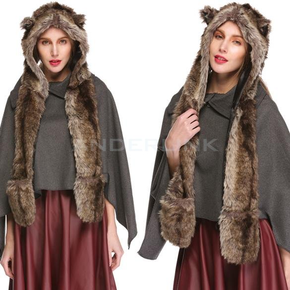Winter Hat Cap Animal Artificial Fur One Piece Cap Scarf