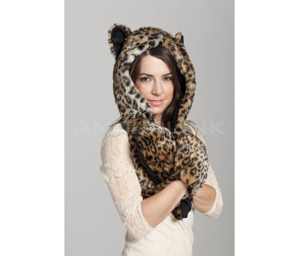 Winter Hat Cap Animal Artificial Fur One Piece Cap Scarf