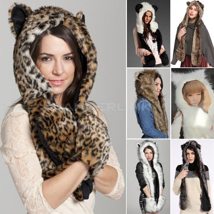 Winter Hat Cap Animal Artificial Fur One Piece Cap Scarf