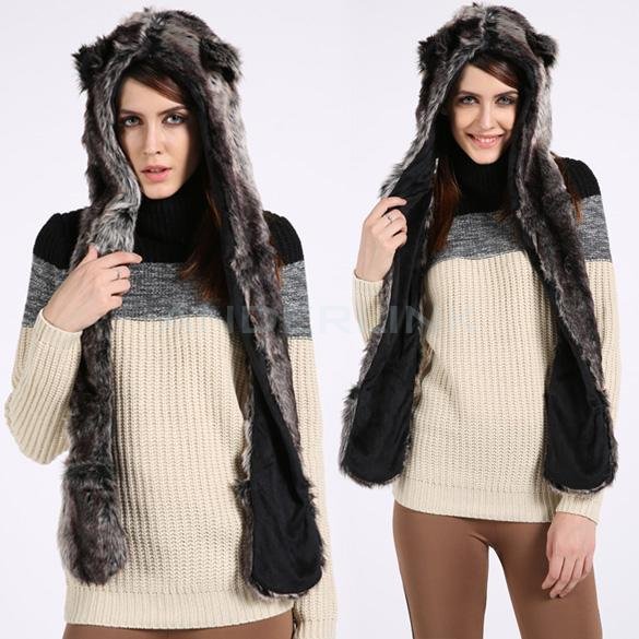 Winter Hat Cap Animal Artificial Fur One Piece Cap Scarf