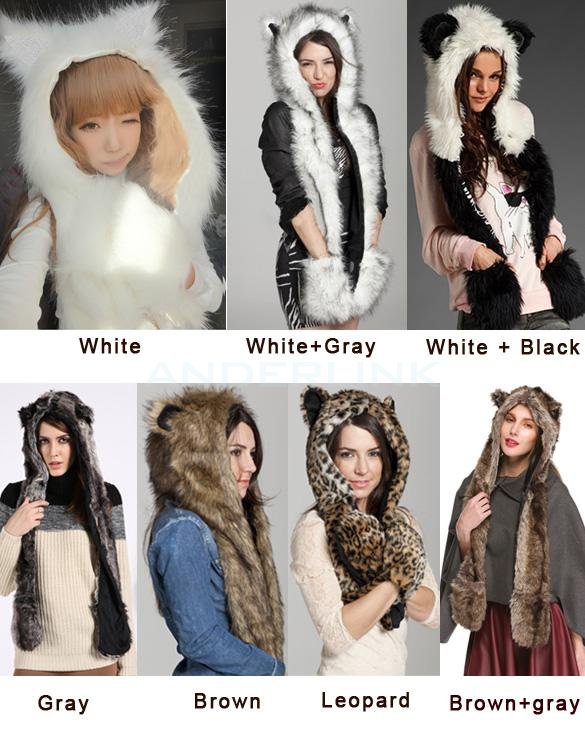 Winter Hat Cap Animal Artificial Fur One Piece Cap Scarf