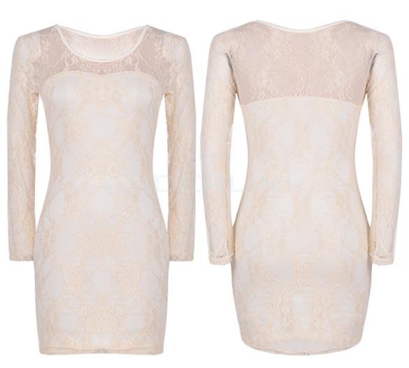 unknown Ladies Women's Long Sleeve Lace Floral Lined Bodycon Dress
