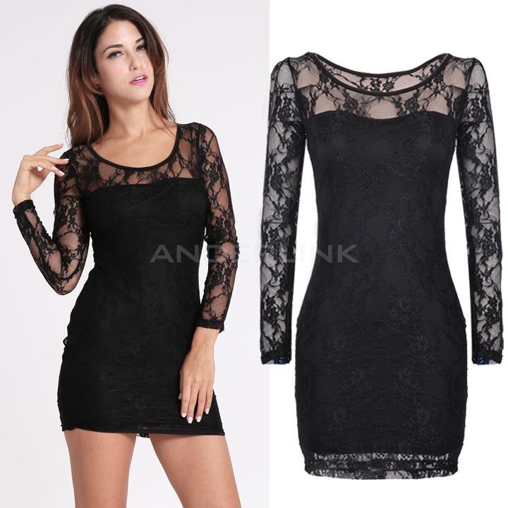 unknown Ladies Women's Long Sleeve Lace Floral Lined Bodycon Dress