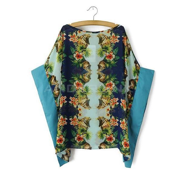 unknown Europe Vintage Retro Symmetry Printed Chiffon Top Loose Blouse Tops