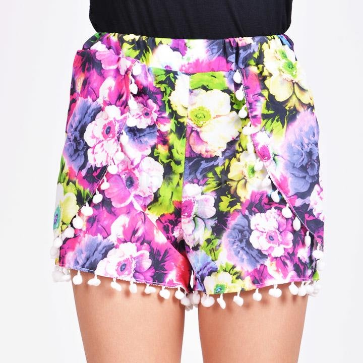 unknown Pom Pom High Waist Tassel Festival Tribal Print Beach Casual Gym Shorts