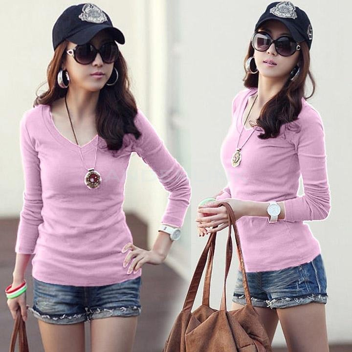 unknown Basic V-Neck Long Sleeve Fitted Solid Top Plain T-Shirt Junior Women Top Blouse