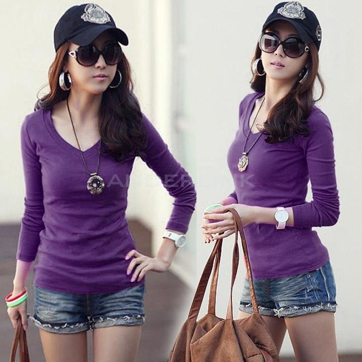 unknown Basic V-Neck Long Sleeve Fitted Solid Top Plain T-Shirt Junior Women Top Blouse