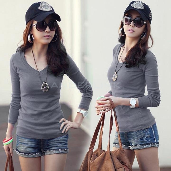 unknown Basic V-Neck Long Sleeve Fitted Solid Top Plain T-Shirt Junior Women Top Blouse